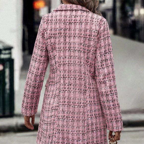 Pink Preppy Womens Plaid Pattern Double Breasted Tweed Overcoat - Picture 2 of 5